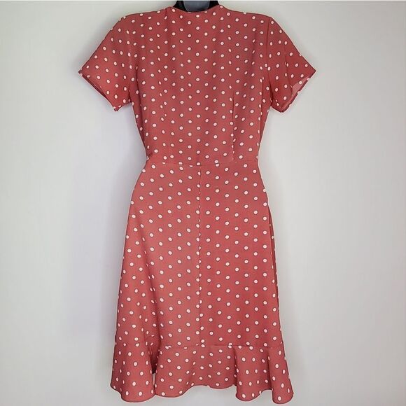 Miley + Molly Pink Retro Polka Dot Ruffle Trim Pin Up 50s True Wrap Dress Size M - Picture 3 of 5